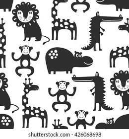 African animal seamless pattern. Background with monkey, lion, hippo, giraffe, crocodile. Surface decoration.