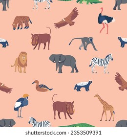 African Animal Seamless Pattern, Vibrant Design Featuring Elephant, Lion, Giraffe, And Zebra. Screaming Eagle