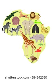 African animal set with African map background