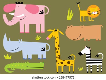 African Animal.Set of seven different stile African animal.