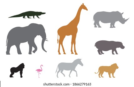 African Animal Silhouettes Isolated Exotic Animals Drawn to Scale Vector Safari Wildlife Zoo Animals Wildlife Icons and Design Resource,  Alligator, Elephant, Giraffe, Rhino, Lion and Hippo