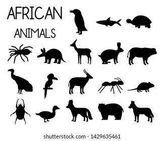 African animal silhouettes set of icons in flat style, African fauna, dwarf goose, African vulture, buffalo, gazelle Dorcas, etc. vector illustration