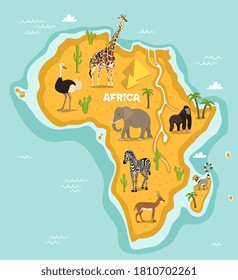 African animal. Vector african continent surrounded ocean and wild animal diversity. Flora and fauna species of savanna illustration. Africa mainland map with exotic wildlife and nature