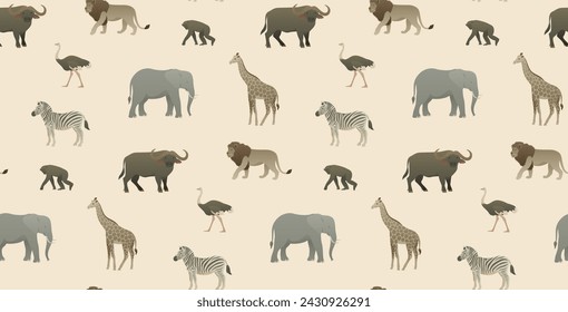 African animal vector seamless pattern design. Warm color palette illustration. Exotic animals wallpaper for home decoration, fabric, postcard.