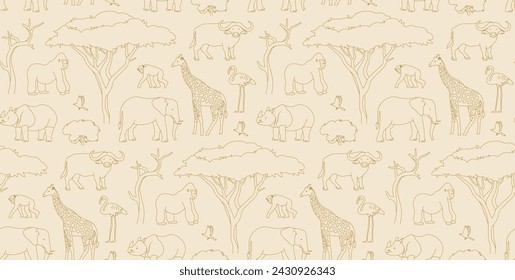 African animal vector seamless pattern. Exotic animals and trees line art illustration. Gold elegant outline wallpaper design. Warm color background.