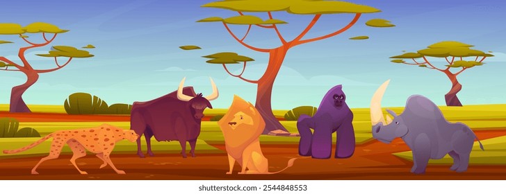 Afrikanisches Tier. Zoopark. Safari in Afrika. Lustiger Dschungelcharakter. Wilder Löwe und Nashorn. Gorilla-Affe. Natur Cartoon Landschaft. Wildnislandschaft. Süße Tierwelt. Vektor Savanne Tierhintergrund