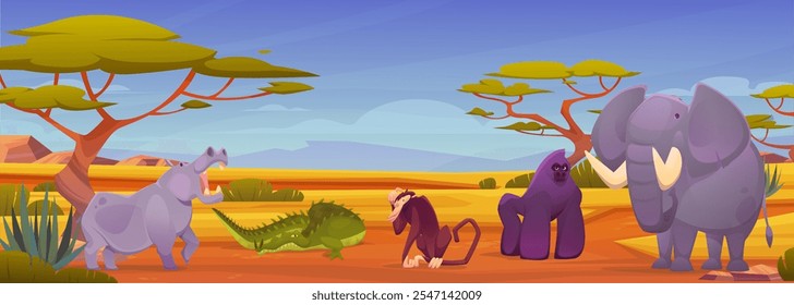 Afrikanisches Tier. Zoopark. Safari in Afrika. Lustiger Dschungelcharakter. Wildes Krokodil. Gorilla und Paviane. Natur Cartoon Landschaft. Wildnislandschaft. Süße Tierwelt. Vektor Savanne Tierhintergrund