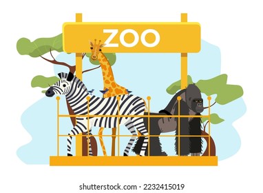 African animal zoo place poster herbivore zebra, giraffe and gorilla, zoological garden flat vector illustration, isolated on white.