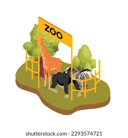 Zebra de zoo animal africano, girafa y gorila 3d concepto de ilustración vectorial isométrica para banner, sitio web, página de inicio, anuncios, plantilla de volante