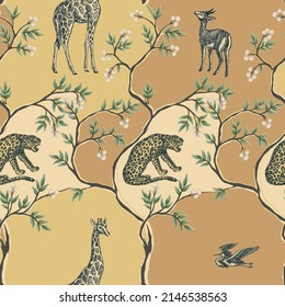 African animals abstract floral pattern, yellow background. Exotic safari wallpaper.