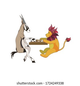 African animals – Antelope and lion are playing chess on white isolated background that was made as a vector illustration for making prints on clothes, covers, postcards or sketchbooks, also it can be