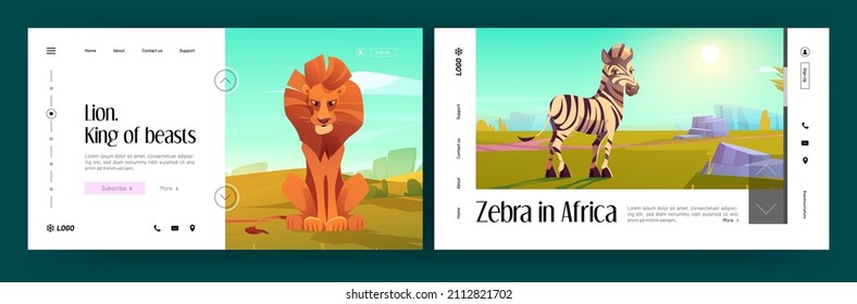 African animals banners with zebra and lion in savannah. Vector landing pages of safari park with cartoon illustration of wild animals and savanna landscape in Africa
