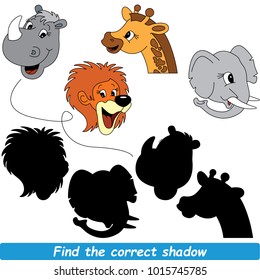 African Animals Beautiful Shadow Set to Find the Correct Shadow, the Matching Educational Kid Game to Compare and Connect Objects and Their True Shadows, Simple Gaming Level for Preschool Kids.