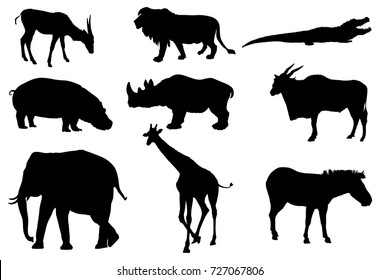African animals big group vector silhouette illustration. lion, elephant, hippo, giraffe, crocodile, zebra, antelope, gazelle,rhino. Savanna wildlife animals.