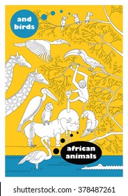 African animals and birds cover book. Vector cartoon cover book, african animals and birds in lineal flat style like coloring book. Isolated african animals. Cartoon african animals for cover book. 