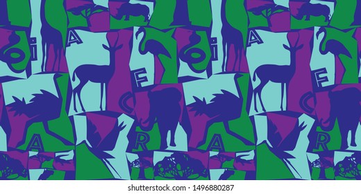 African animals and birds seamless pattern. Tropics, jungle, savanna.  flat geometric style. Colorful vector illustration on a flat blue background. Ideal for fabric design, poster printing, wrapping 