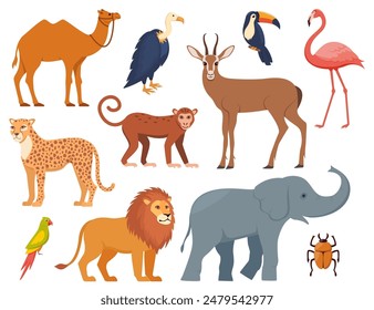 Animales africanos y aves, conjunto de caracteres. Elefante, jirafa, camello, guepardo, león, flamenco, tucán, loro, buitre, mono Animales salvajes de África Vector de viaje exótico safari