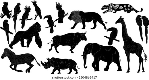 African animals and birds set Natural Look Black Vector Silhouette Design Element