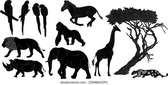 African animals and birds set Natural Look Black Vector Silhouette Design Element