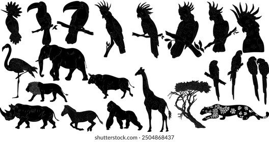 African animals and birds set Natural Look Black Vector Silhouette Design Element