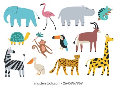 Conjunto de ilustração vetorial de animais e aves africanos. Fauna selvagem da África.