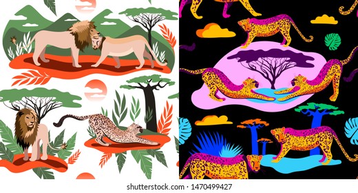 African animals bright color. A set of neon animal