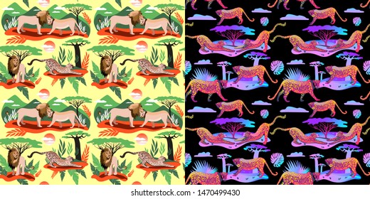 African animals bright color. A set of neon animal