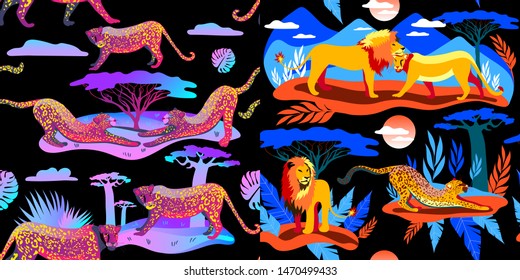 African animals bright color. A set of neon animal