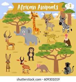 African Animals cartoon with africa landscape background, Vector illustration. Set 2.