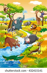 African animals / cartoon characters at savanna landscape