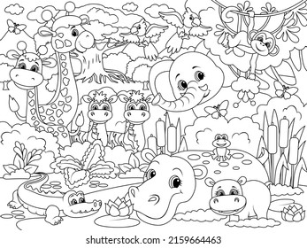 African animals, cartoon. Coloring page outline of cartoon.