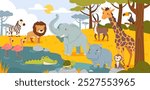 African animals. Cartoon Savannah wildlife scene. Landscape with animals, birds, reptiles. Safari lion, giraffe, elephant, zebra, crocodile in pound. Vector illustration.