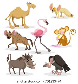 African animals cartoon set. Dromedary camel, vulture, flamingo, hyena, warthog, monkey with banana and african fox fennec. Zoo wildlife collection. Vector illustrations isolated on white background.