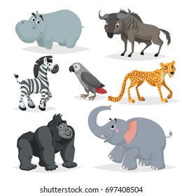 African animals cartoon set. Hippo, gorilla monkey, gray parrot, elephant, cheetah, zebra and wildebeest. Zoo wildlife collection. Vector illustrations isolated on white background.