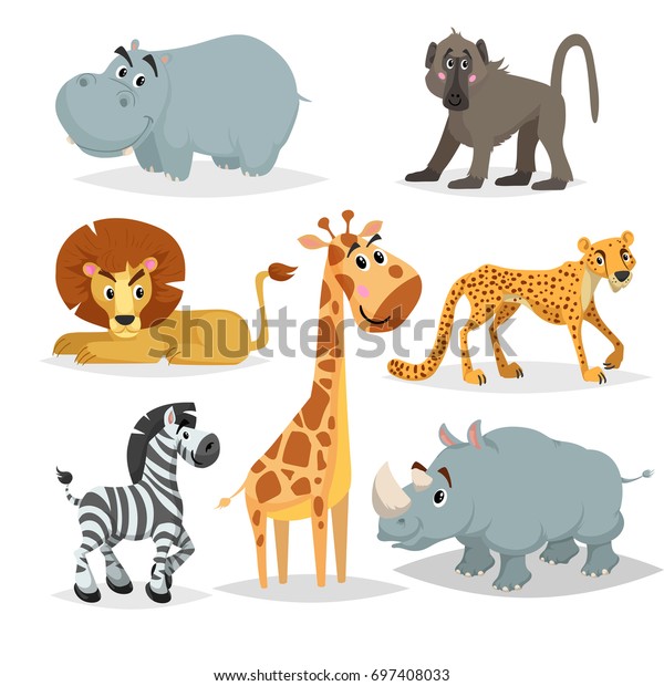 アフリカの動物の漫画セット ヒッポ ヒヒ 猿 ライオン キリン チータ ゼブラ サイ 動物園の哺乳類のコレクション 白い背景にベクターイラスト のベクター画像素材 ロイヤリティフリー