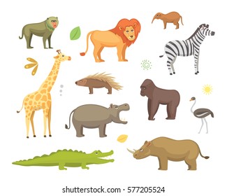 African animals cartoon vector set. elephant, rhino, giraffe, cheetah, zebra, hyena, lion, hippo, crocodile, gorila and outhers. safari isolated illustratio.