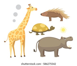 African animals cartoon vector set. elephant, rhino, giraffe, cheetah, zebra, hyena, lion, hippo, crocodile, gorila and outhers. safari isolated illustratio.