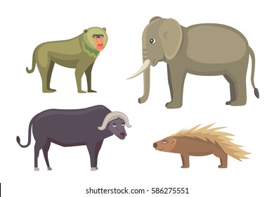 African animals cartoon vector set. elephant, rhino, giraffe, cheetah, zebra, hyena, lion, hippo, crocodile, gorila and outhers. safari isolated illustratio.