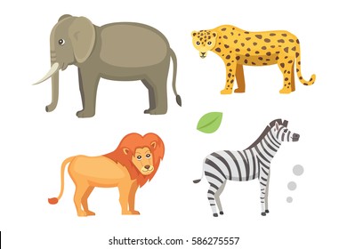 African Animals Cartoon Vector Set. Elephant, Rhino, Giraffe, Cheetah, Zebra, Hyena, Lion, Hippo, Crocodile, Gorila And Outhers. Safari Isolated Illustratio.