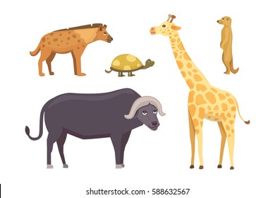 African animals cartoon vector set. elephant, rhino, giraffe, cheetah, zebra, hyena, lion, hippo, crocodile, gorila and outhers. safari isolated illustration