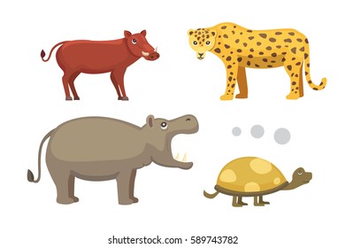 African animals cartoon vector set. elephant, rhino, giraffe, cheetah, zebra, hyena, lion, hippo, crocodile, gorila and outhers. safari isolated illustration