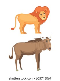 African animals cartoon vector set. lion and antelope safari isolated illustration