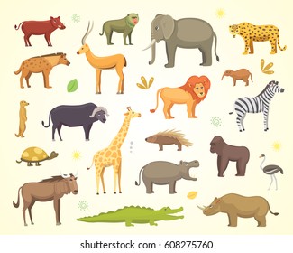 African animals cartoon vector set. elephant, rhino, giraffe, cheetah, zebra, hyena, lion, hippo, crocodile, gorila and outhers. safari isolated illustration.