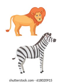 African animals cartoon vector set. lion and zebra safari isolated illustration