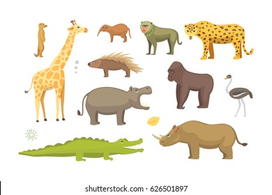 African animals cartoon vector set. safari isolated illustration.