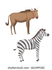 African animals cartoon vector set. zebra and antelope safari isolated illustration