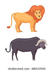 African animals cartoon vector set. lion and buffalo safari isolated illustration.