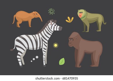 African animals cartoon vector set. zebra, hyena, gorila and outhers.