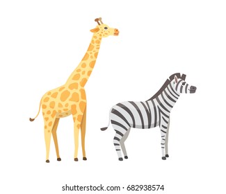 African animals cartoon vector set. giraffe, zebra, safari isolated illustration