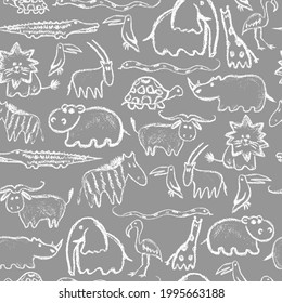 African animals chalk pattern. Children drawling style animal. Hand drawn wax crayons art on grey background.Isolated chalk style icons. Pastel sketch safari animal. Freehand wild animal  crayon print